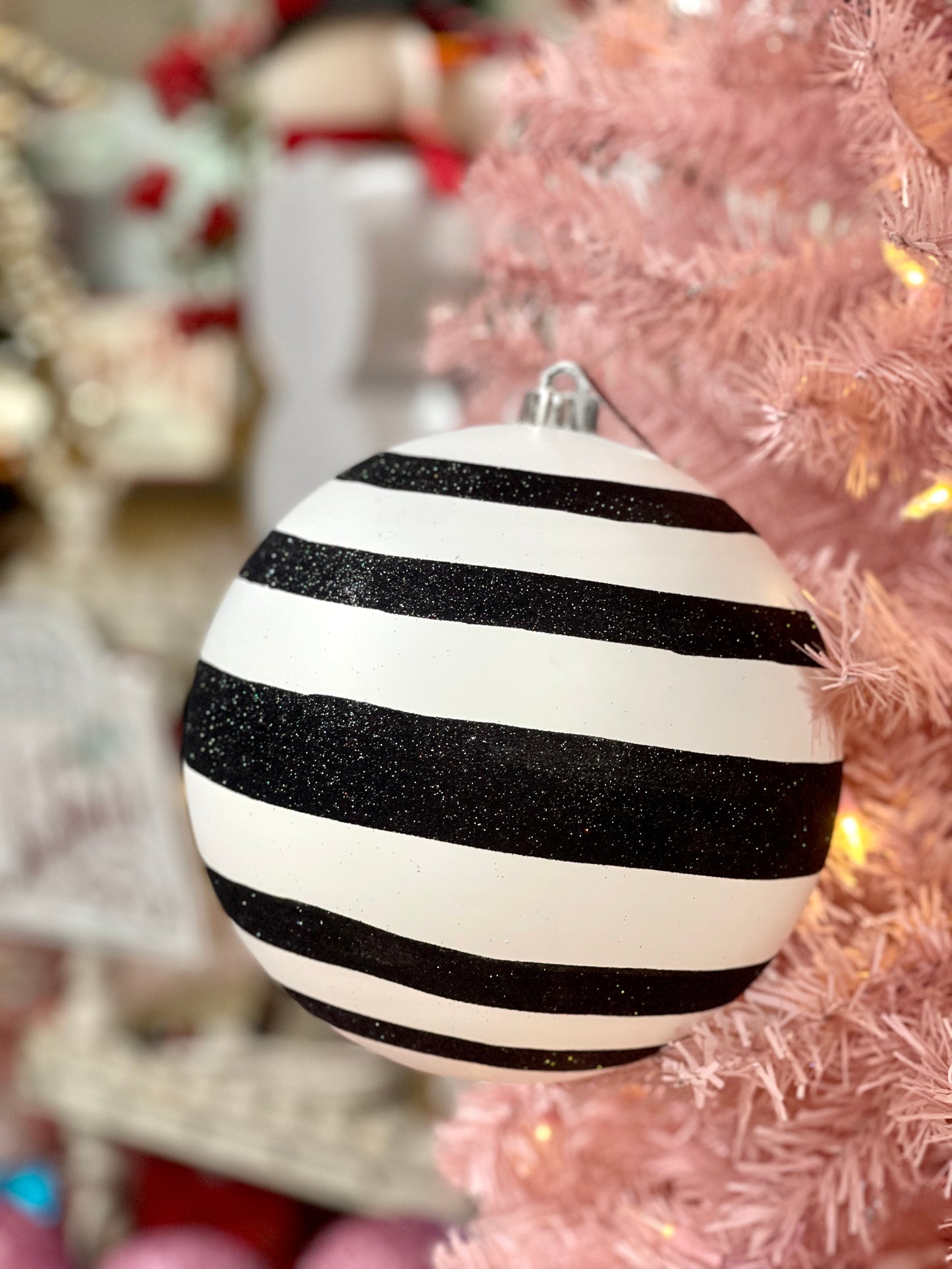 8 Inch Black And White Glitter Stripe Ornament Ball
