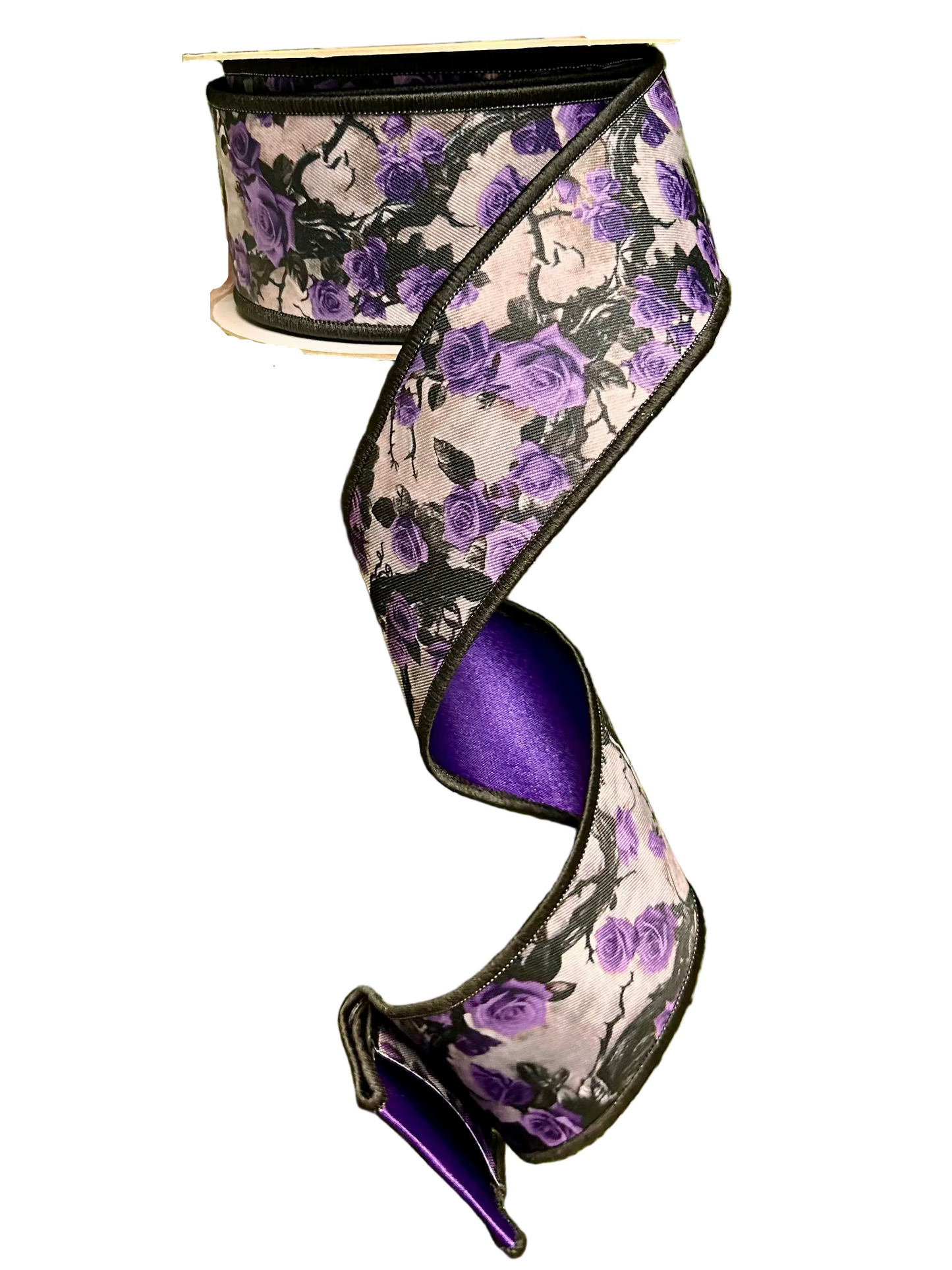 2.5 Inch By 10 Yards Violet And Lilac Roses And Vines Fused Ribbon