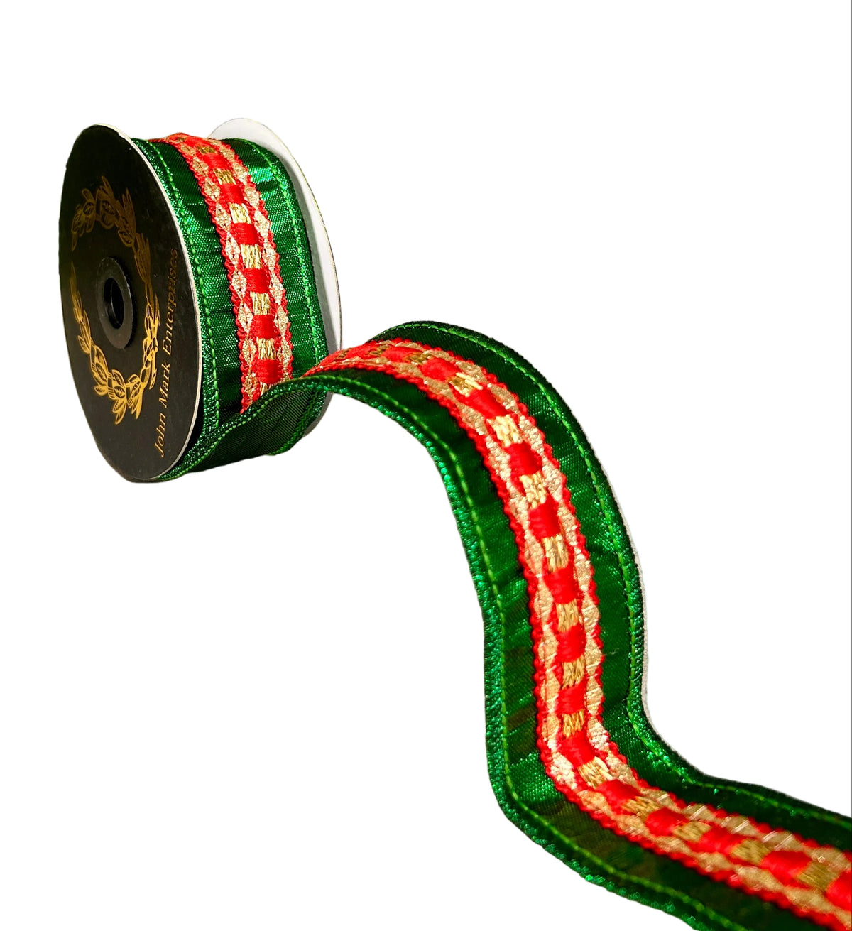 John Mark 1.5 Inch By 5 Yard Red And Green Trim Metallic Dupioni Ribbon