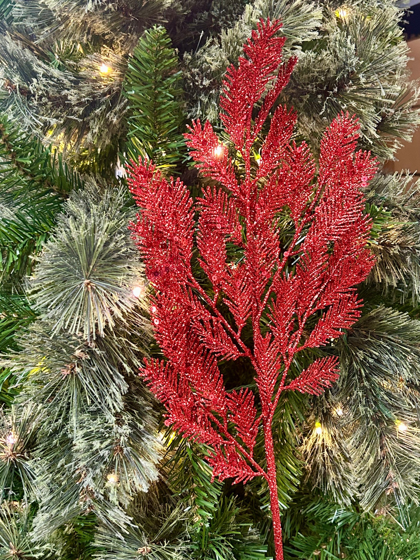 24 Inch Red Glitter Sequin Fern Spray