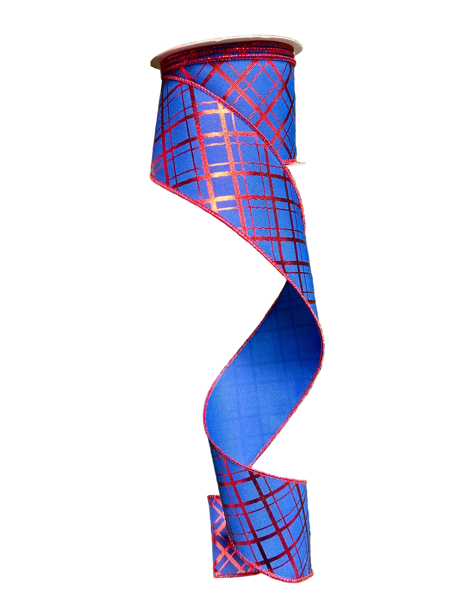 2.5 Inch By 10 Yard Red And Royal Blue Metallic Thick And Thin Diagonal Plaid Ribbon