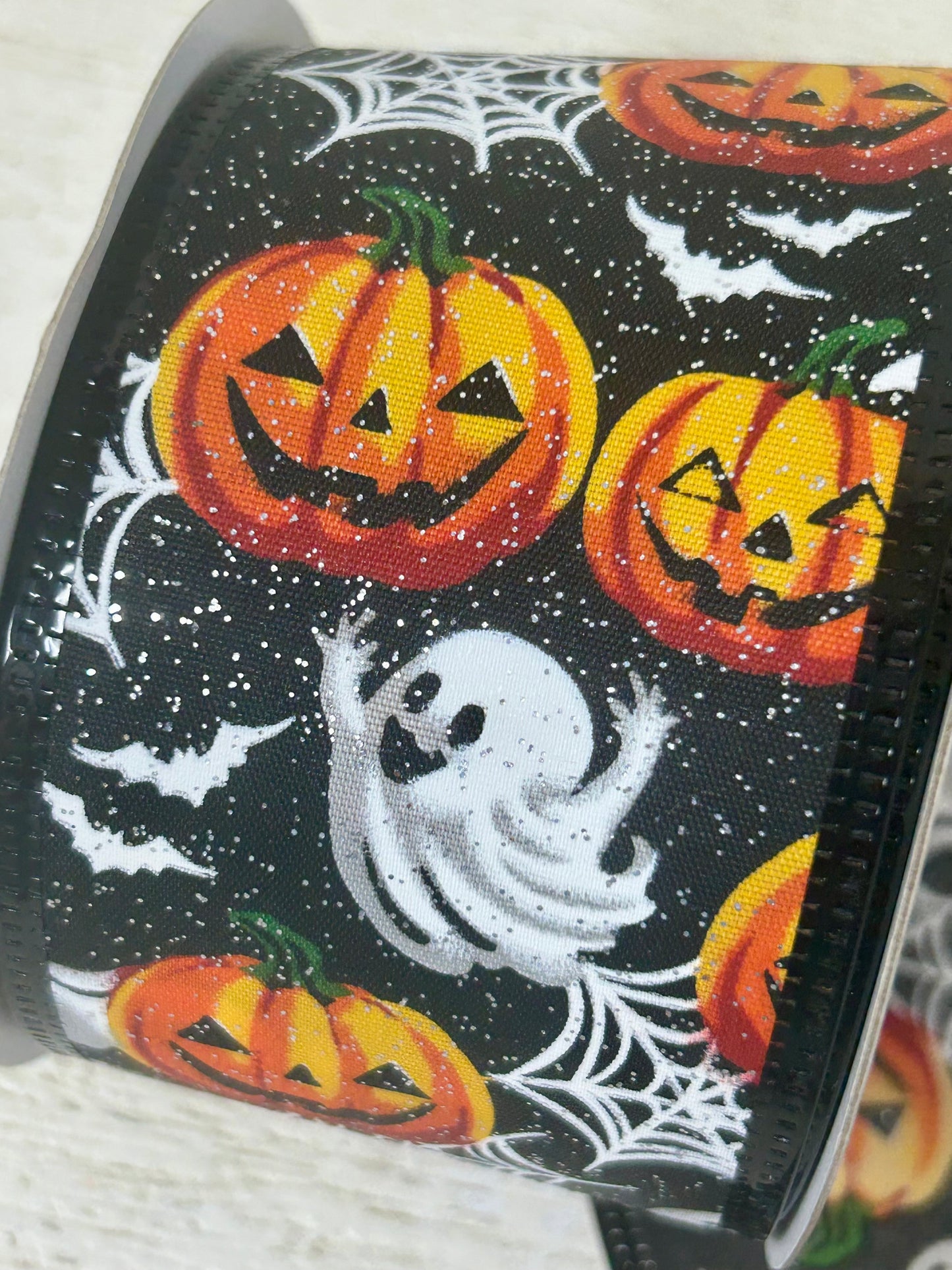 2.5 Inch By 10 Yard Black Glitter Ghosts Pumpkin Bats And Spider Webs Ribbon