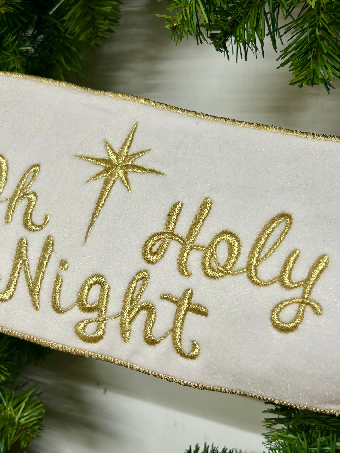 6 Inch By 70 Yard White Velvet Gold Embroidery O Holy Night Banner