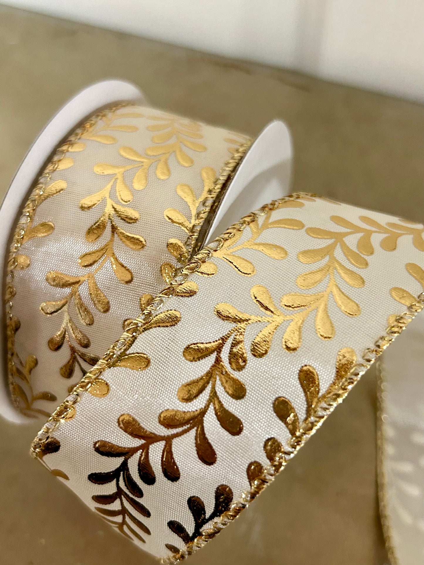 1.5 Inch By 10 Yard Ivory And Gold Embossed Vines Ribbon