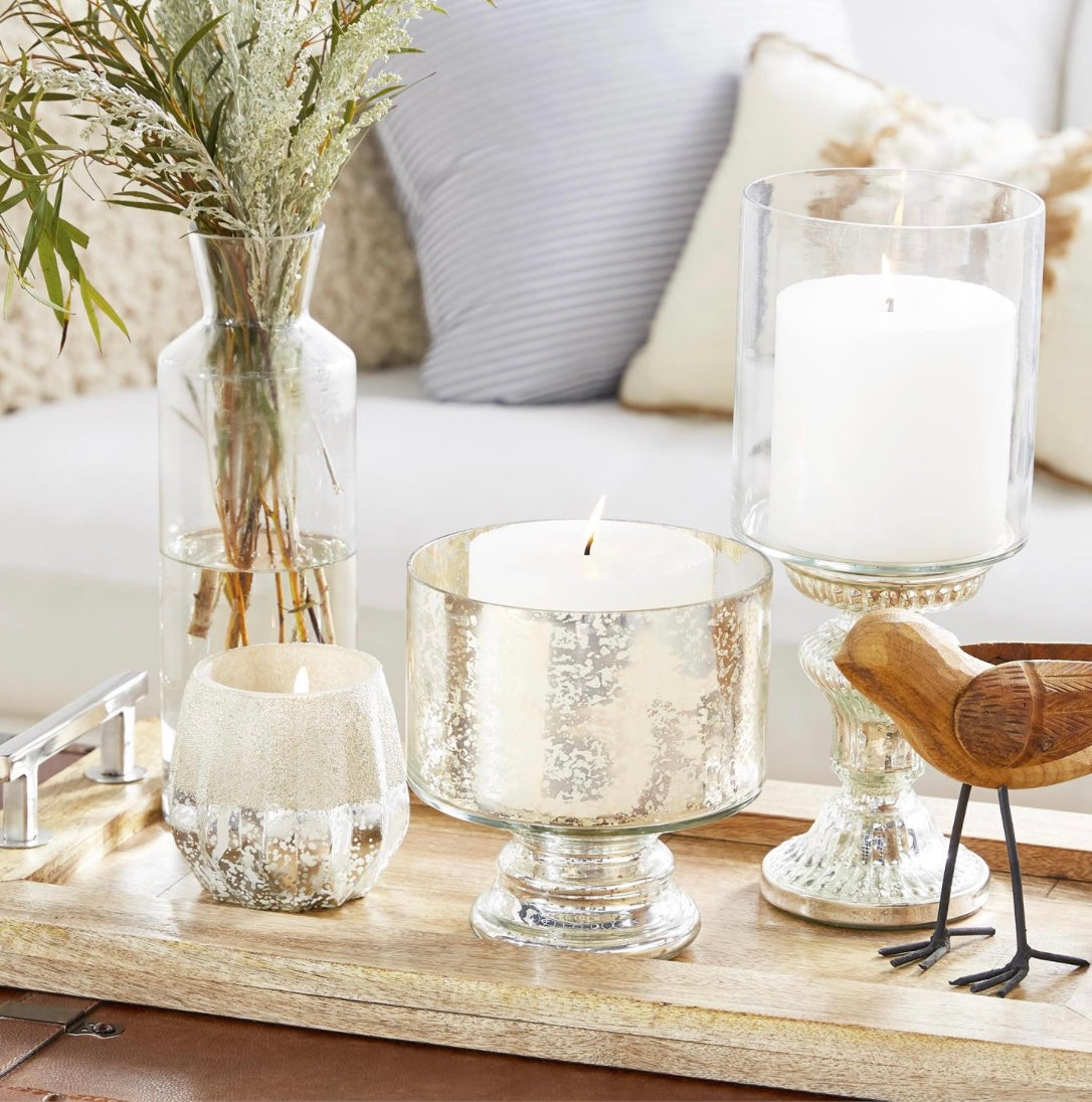 Silver Glass Handmade Turned Style Pillar Room Hurricane Lamp With Faux Mercury Glass Finish