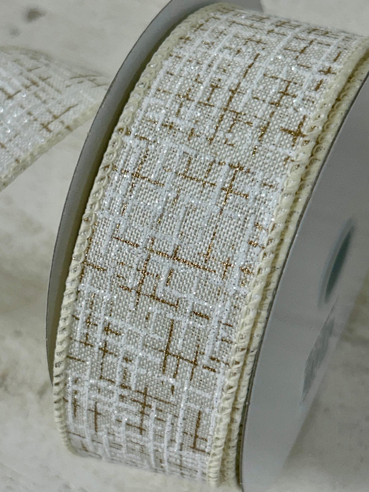 1.5 Inch By 10 Yard Cream And Gold Tweed Ribbon