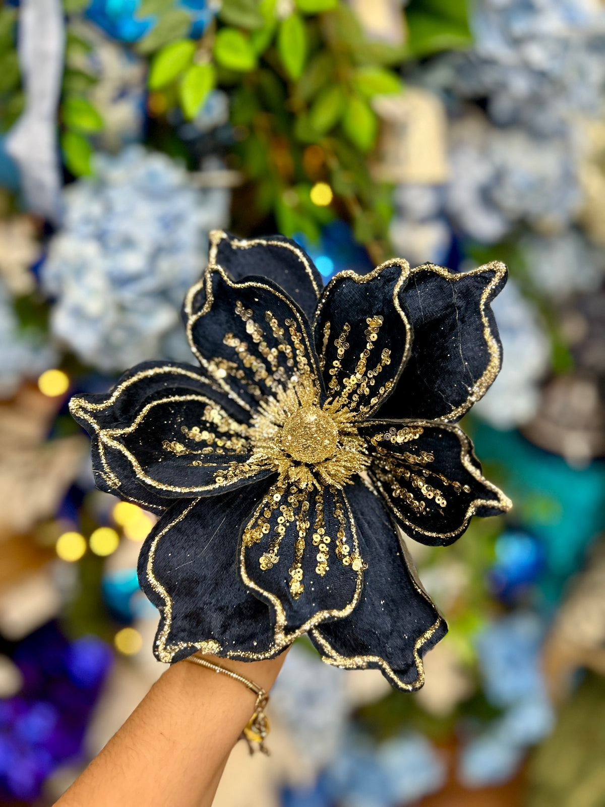 9 Inch Navy Blue With Champagne Sequins Velvet Magnolia Stem