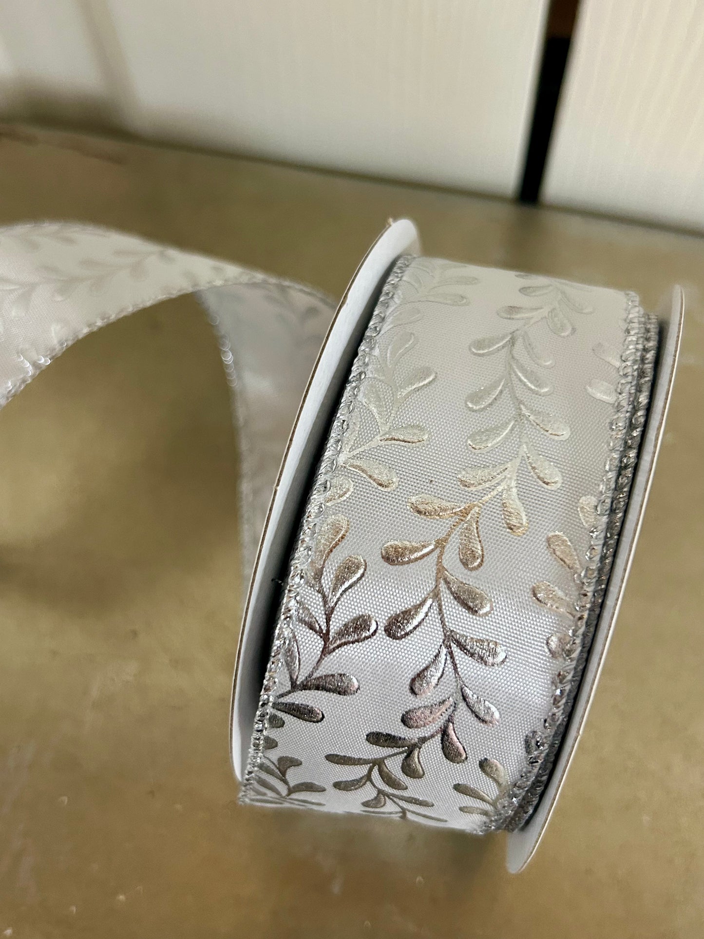 1.5 Inch By 10 Yard White And Silver Embossed Vines Ribbon