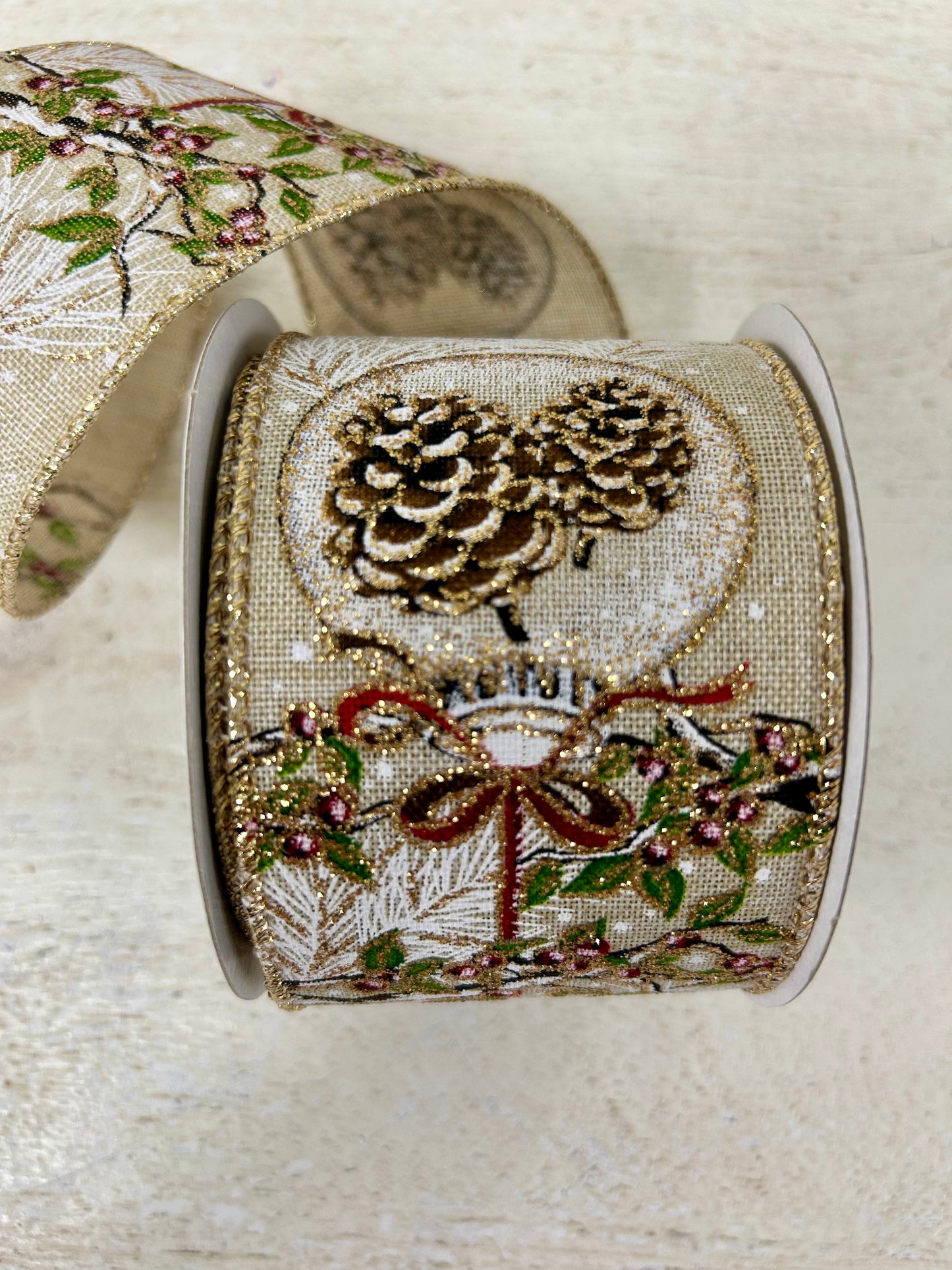 2.5 Inch By 10 Yard Red Berry Branch With Acorn Ornament With Burlap Background And Gold Glitter Edging