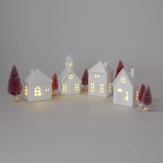 Wondershop 10pc Battery Operated Decorative Ceramic Christmas Village Kit White with Blush Trees