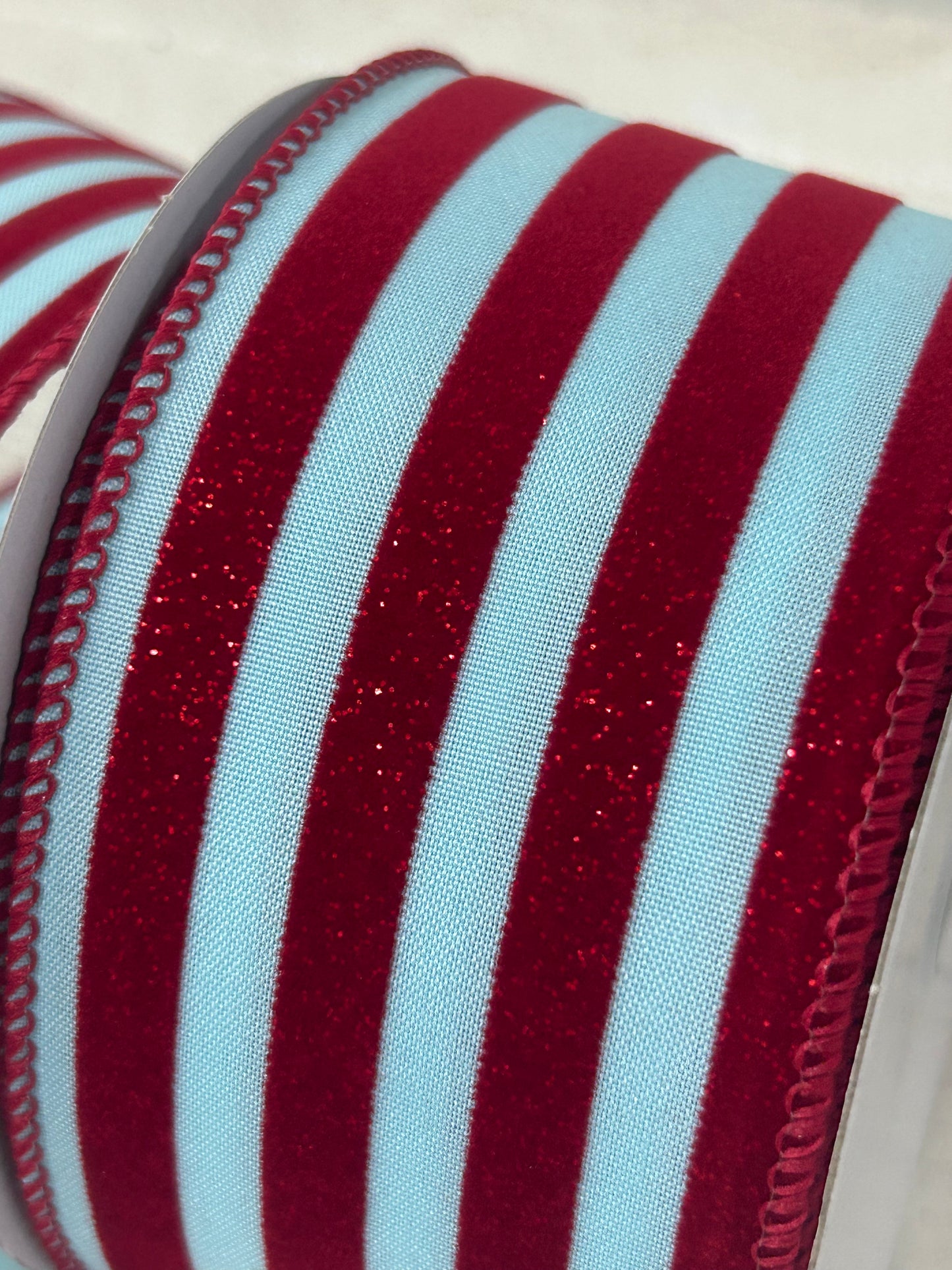 2.5 Inch By 10 Yard Blue And Red Flocked Glitter Striped Ribbon