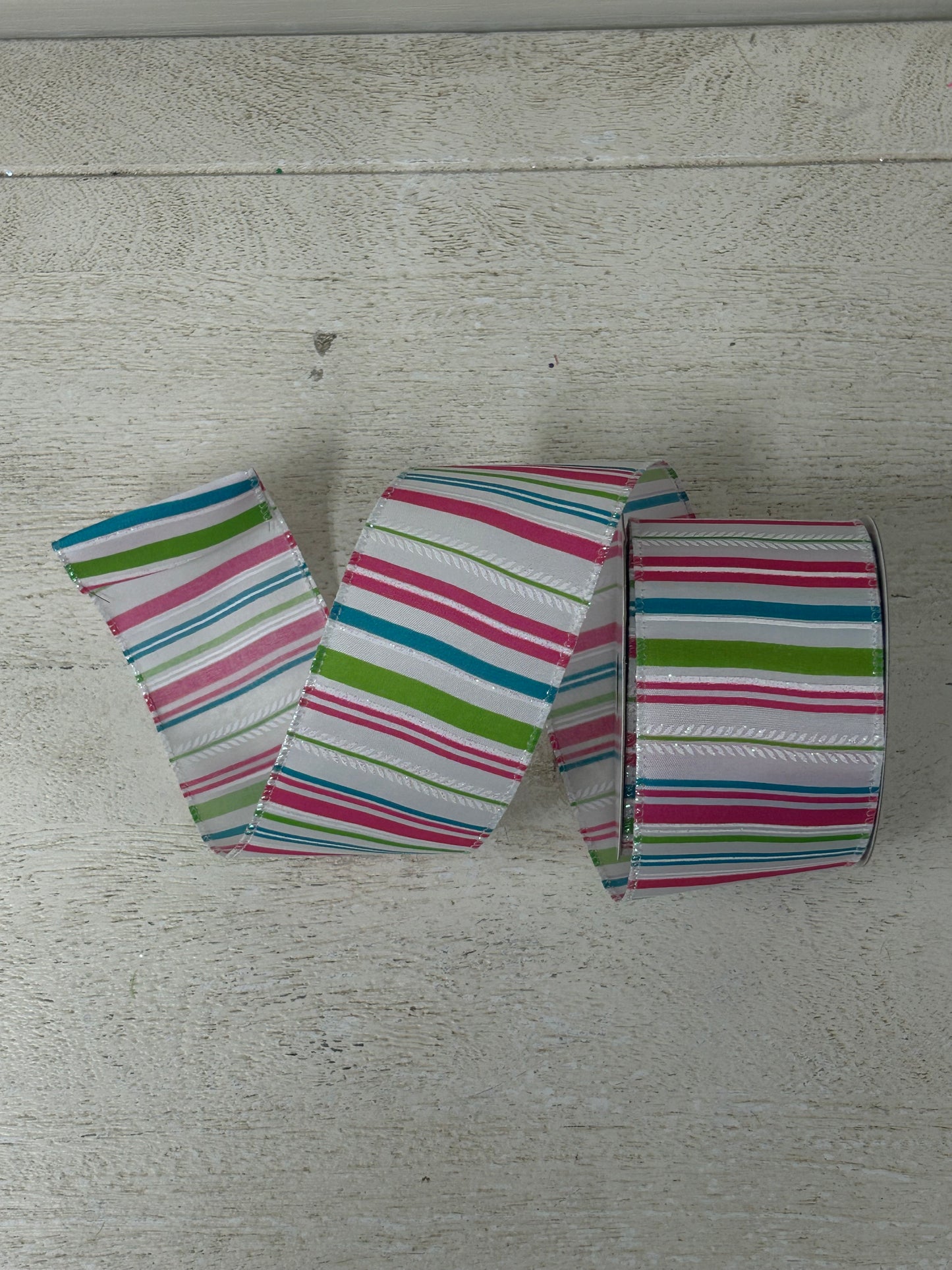 2.5 Inch By 10 Yard Pink Green Teal and White Stripe Ribbon