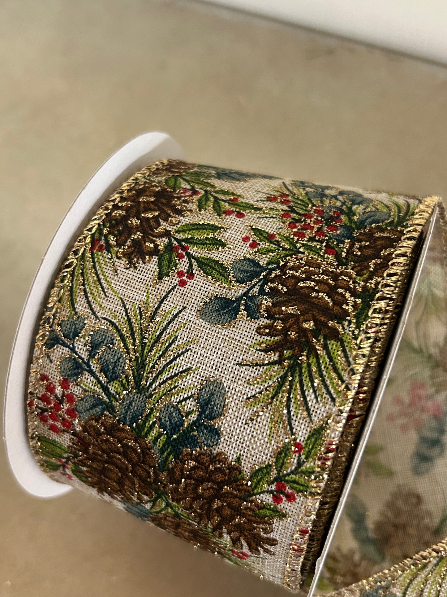 2.5 Inch By 10 Yard Pinecones And Eucalyptus Leaves On Natural Linen Ribbon