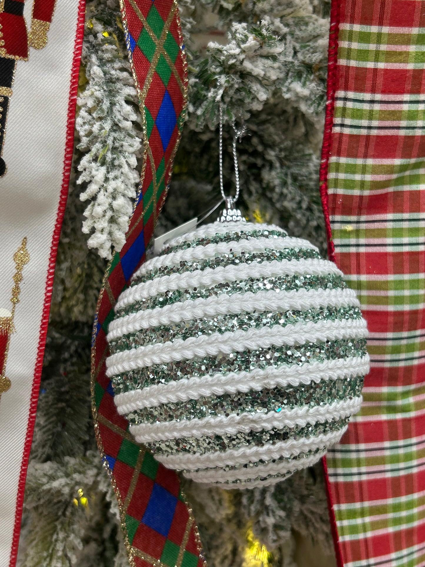 4 Inch Mint And White Sequin Ornament Ball