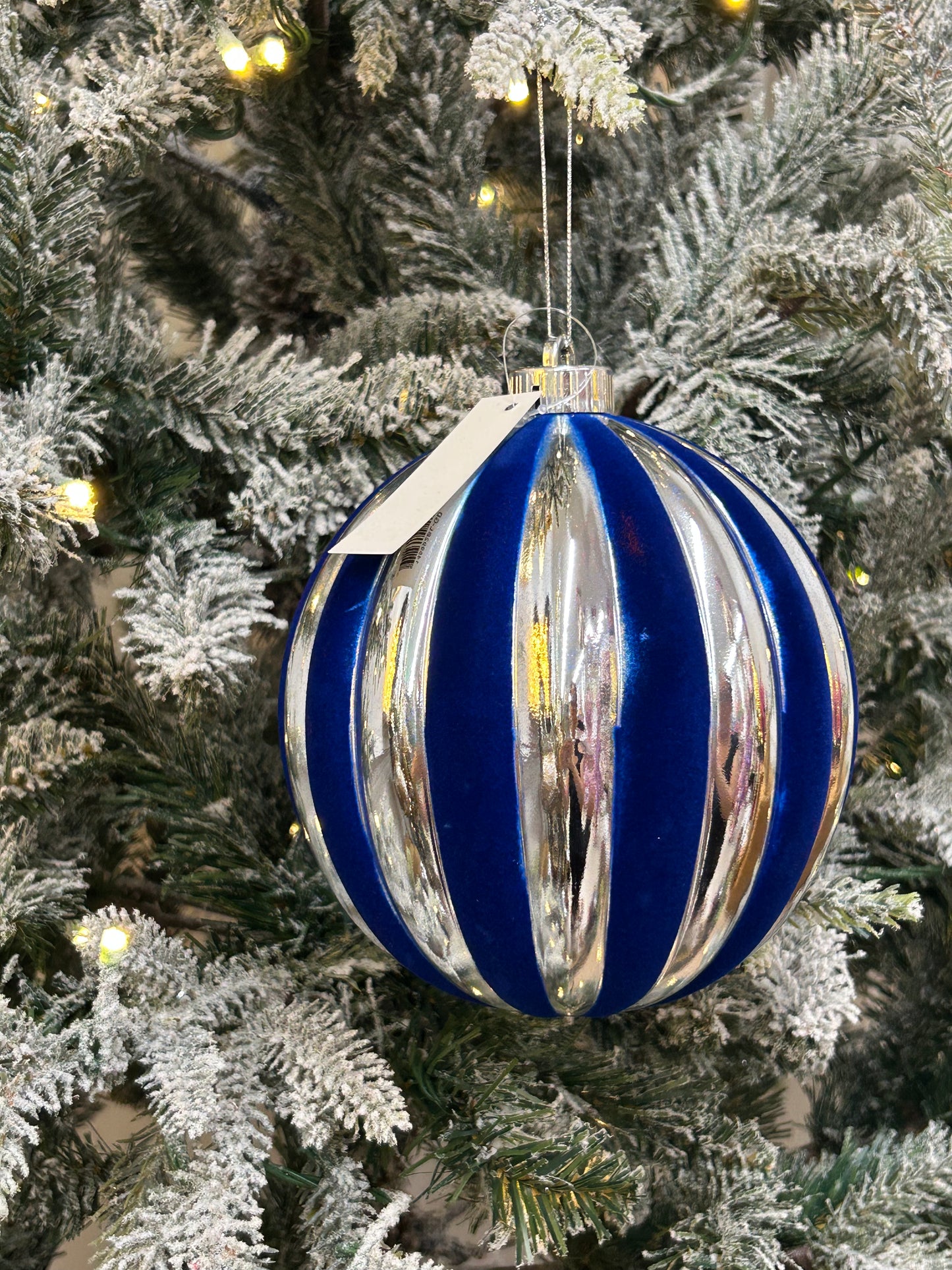 6 Inch Blue And Silver Stripe Ball Ornament