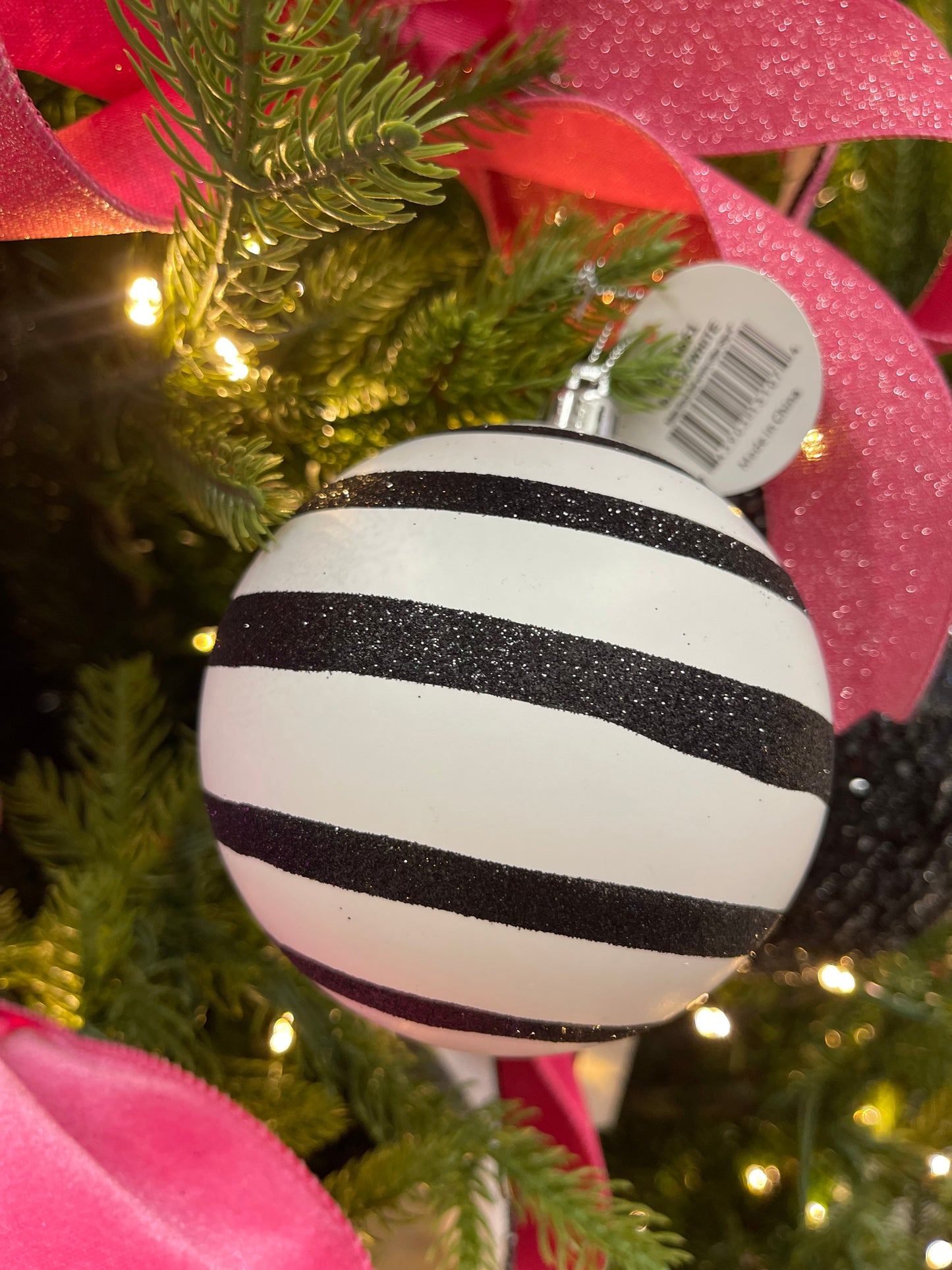 Matte Black Ornament Ball With White Glitter Stripes