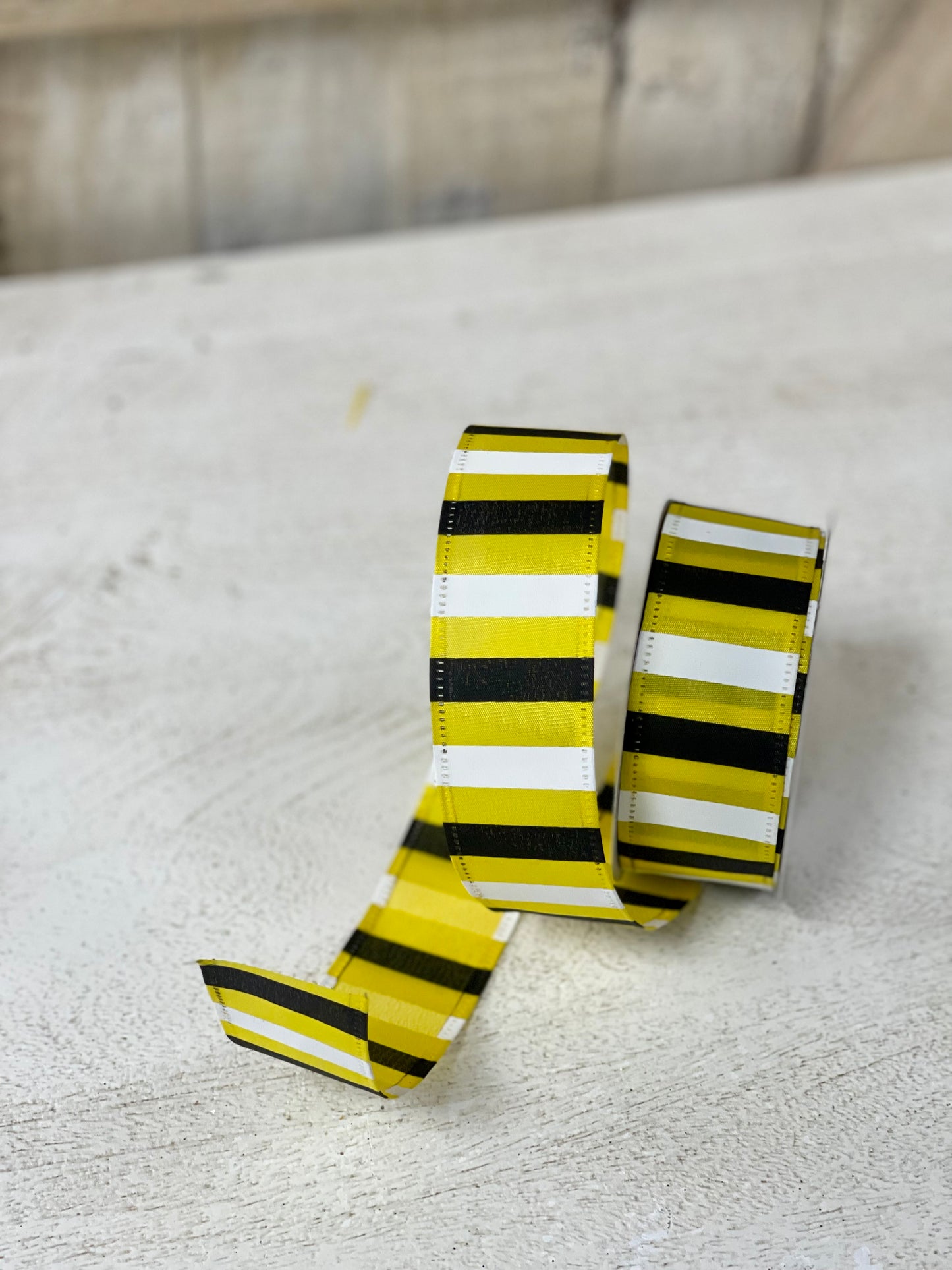 1.5 Inch By 10 Yards Yellow Satin With Black And White Horizontal Stripes Ribbon