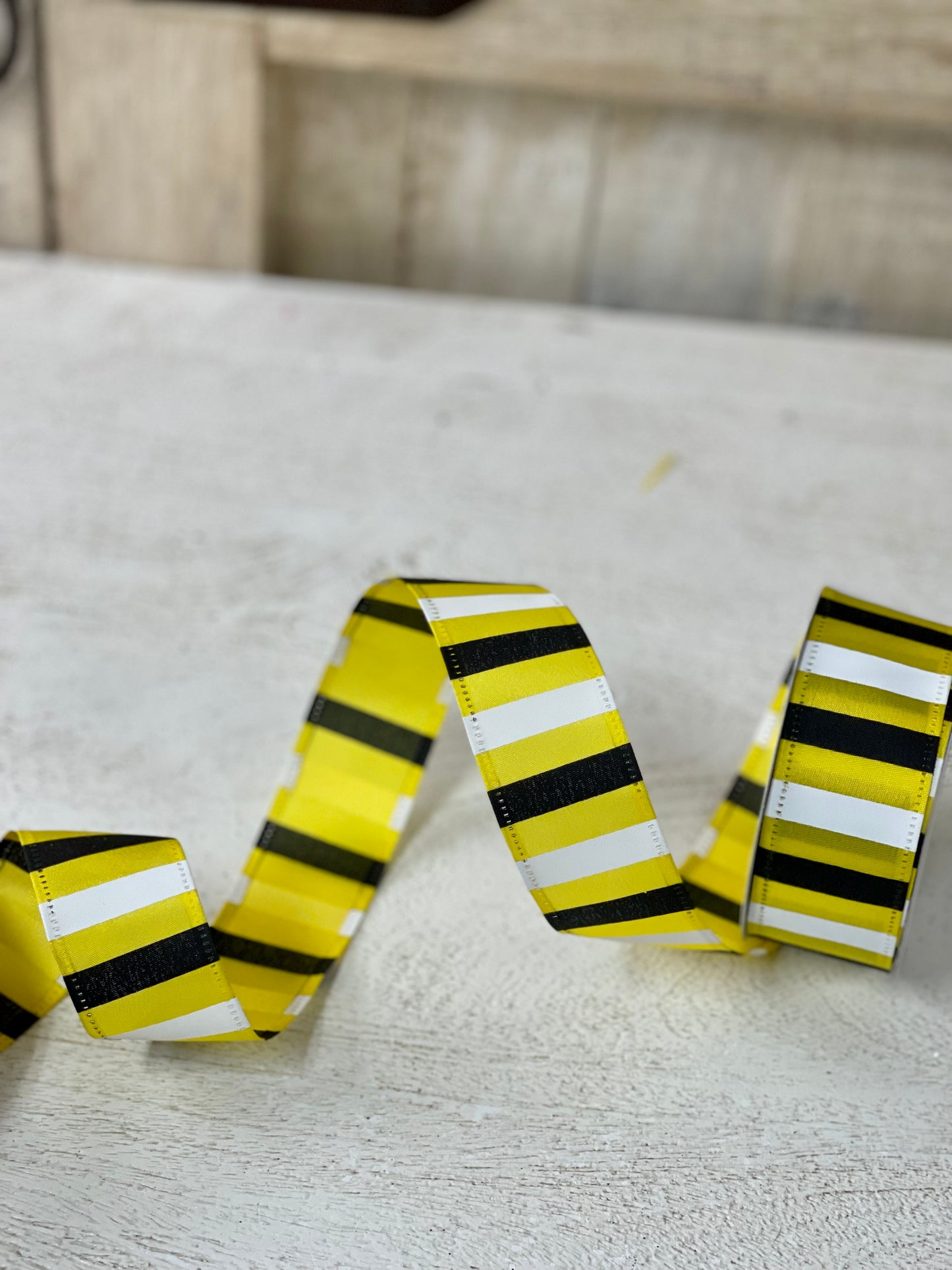 1.5 Inch By 10 Yards Yellow Satin With Black And White Horizontal Stripes Ribbon