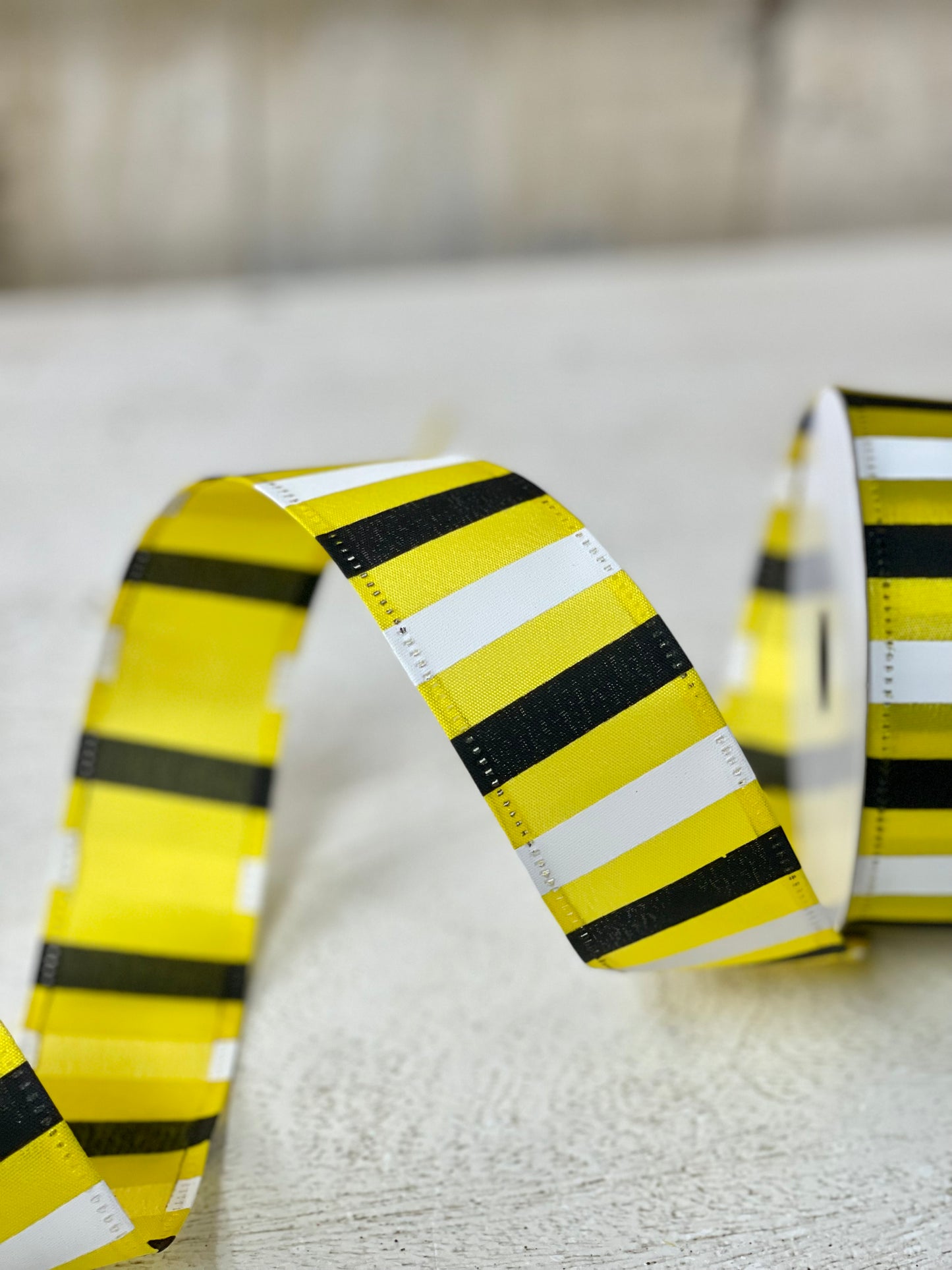 1.5 Inch By 10 Yards Yellow Satin With Black And White Horizontal Stripes Ribbon