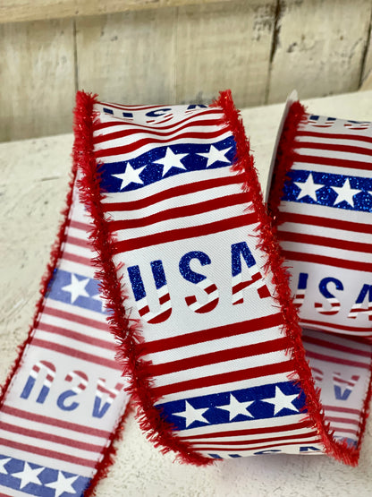 2.5 Inch USA Stars And Stripes With Tinsel Edge Ribbon