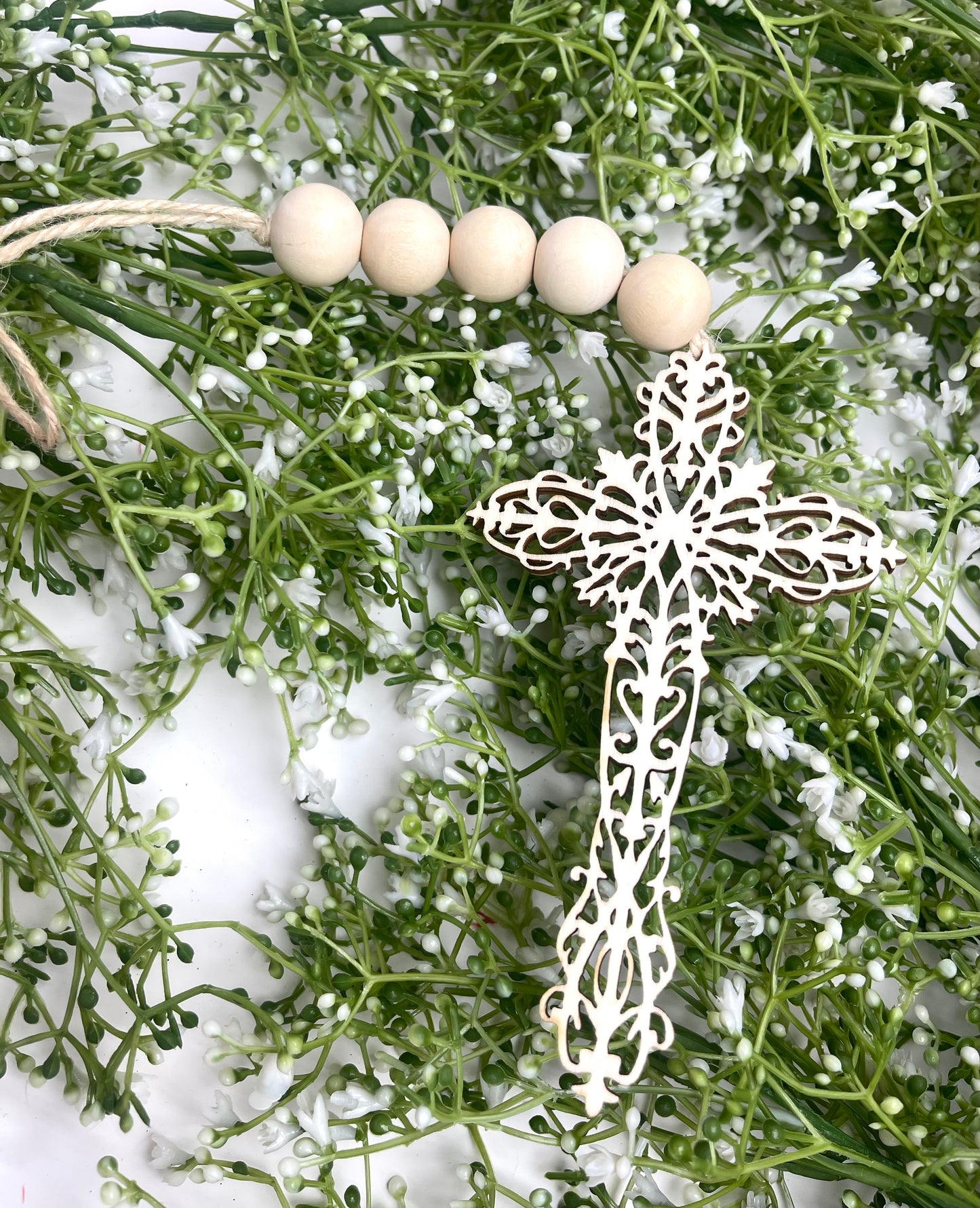 9.5 Inch Natural Wood Bead With Cross Ornament