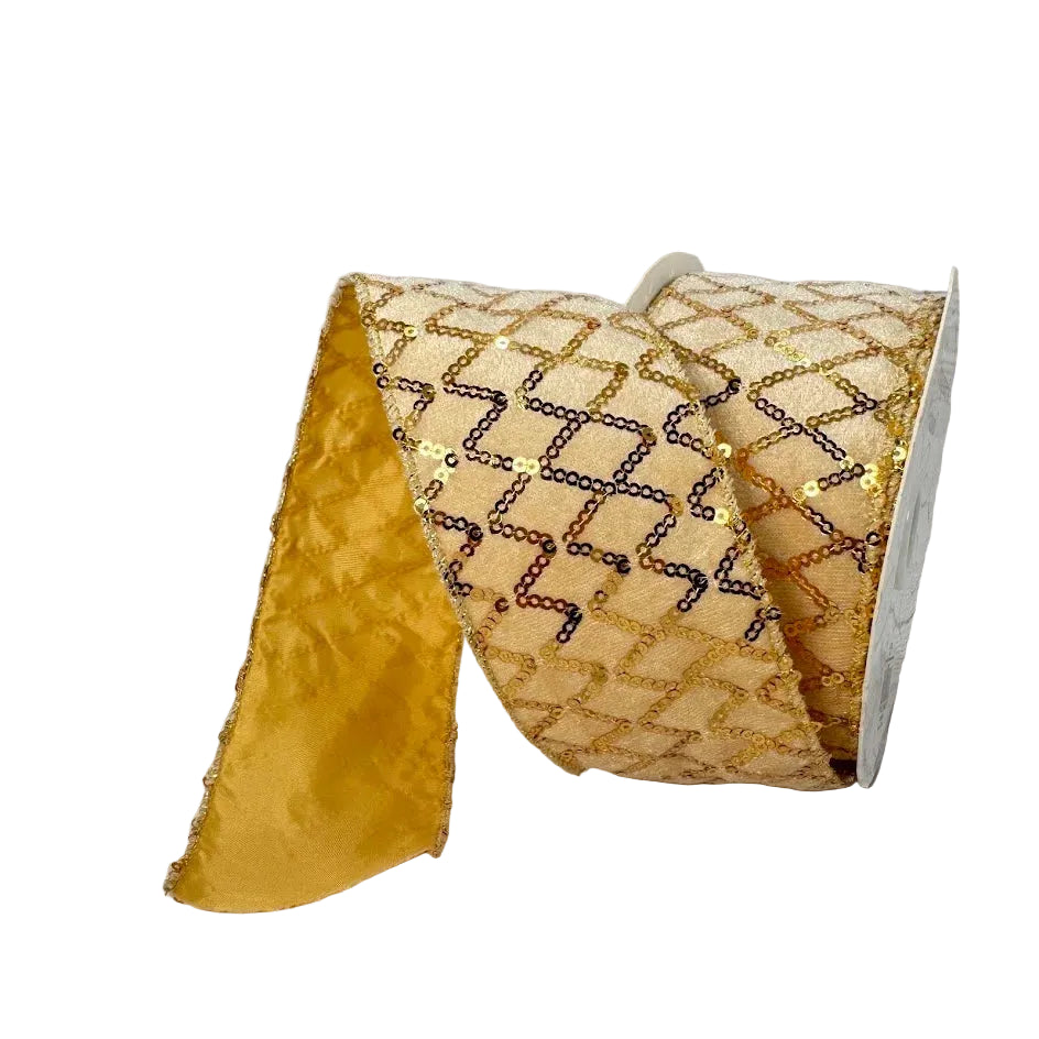 David Christopher's 2.5 Inch By 10 Yard Gold Velvet Ribbon With Stitched Sequin Diamond Design Ribbon