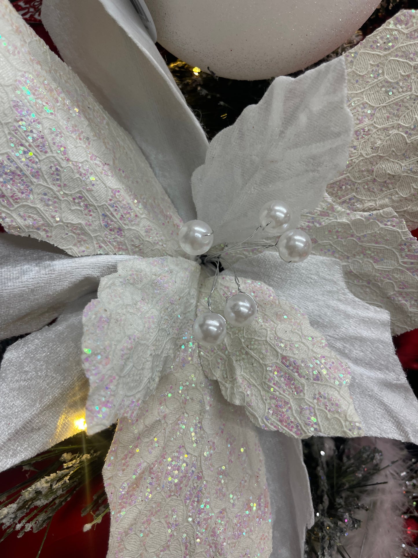 White Velvet Glitter Patterned Poinsettia Spray