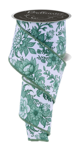 2.5 Inch By 10 Yard Sage Green And White Chinoiserie Florals Ribbon