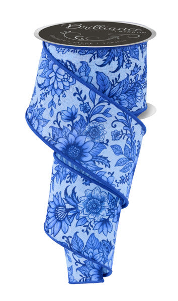 2.5 Inch By 10 Yard Blue Chinoiserie Florals Ribbon