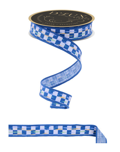 7/8 Inch By 10 Yard Blue And White Mini Antique Check Fused Ribbon