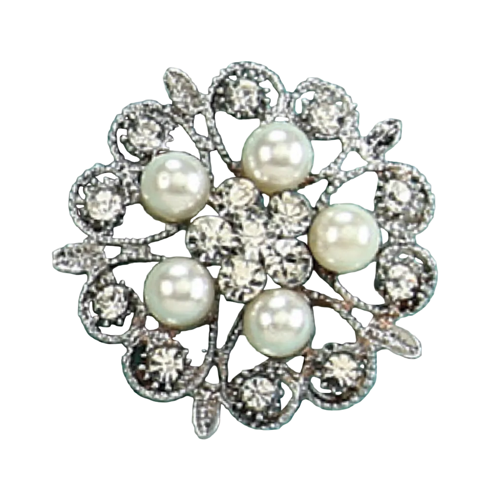 1.75 Inch Silver Rhinestone And Pearl Floral Pins Six Pack