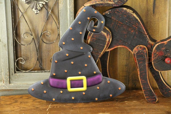 12 Inch Black With Orange Polka Dots Metal Embossed Witch Hat