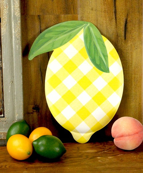 Yellow And White Embossed Check Metal Lemon Sign