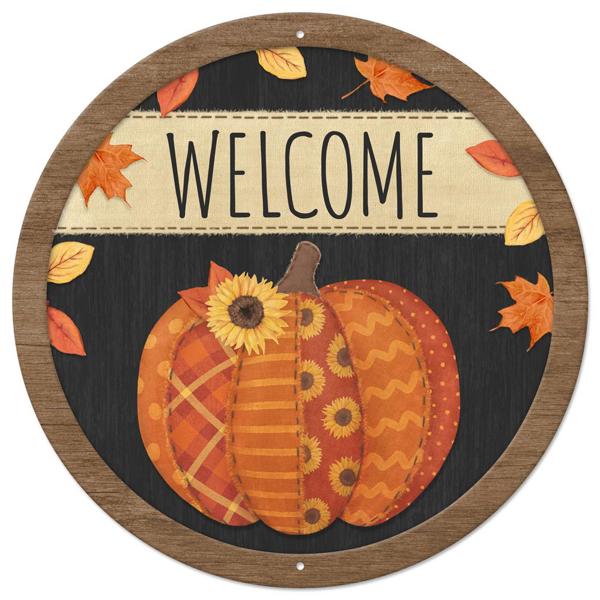 12 Inch Welcome Quilted Patch Pumpkin Metal Sign