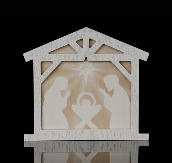 Light Brown And White Metal Nativity Scene Sign