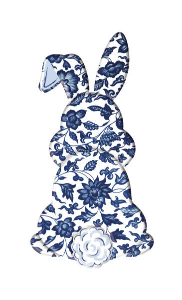 15 Inch Blue And White Chinoiserie Bunny Metal Bottom Sign