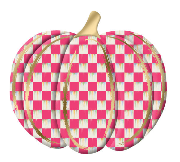 12 Inch Hot Pink White And Gold Check Pumpkin Metal Embossed Wreath Sign