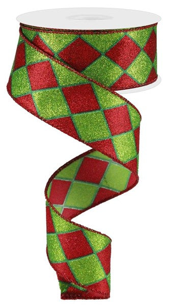 1.5 Inch By 10 Yard Red And Lime Harlequin Ribbon