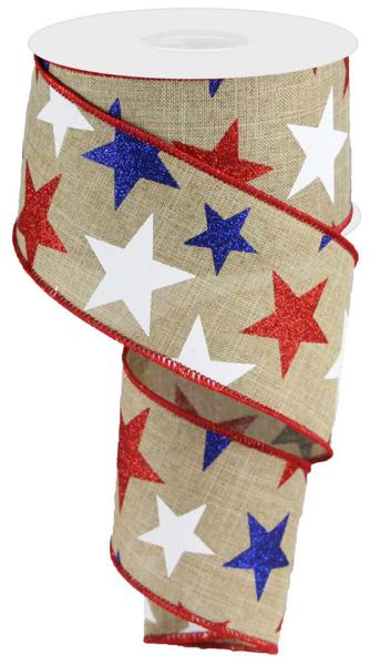 2.5 Inch By 10 Yard Burlap With Red White And Blue Stars Ribbon