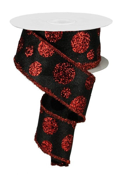 2.5 Inch By 10 Yard Red And Black Glitter Polka Dot Ribbon With Red Tinsel Edging