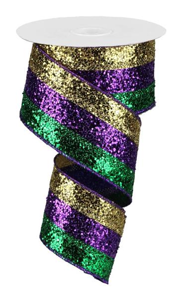 2.5 Inch By 10 Yard Mardi Gras Large Glitter Stripe Ribbon