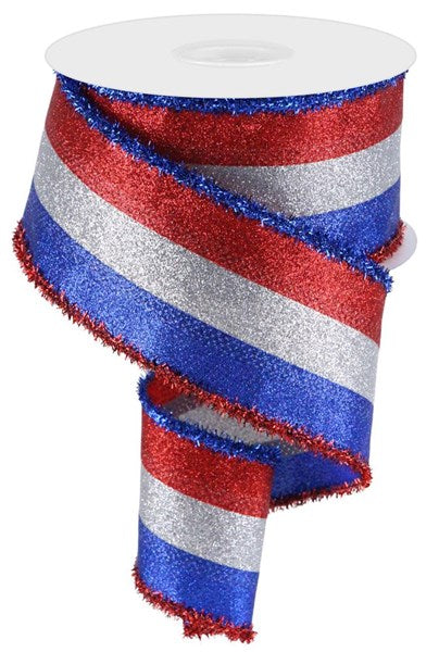 2.5 Inch By 10 Yard Royal Blue Red And Silver Striped Glitter With Tinsel Edging Ribbon