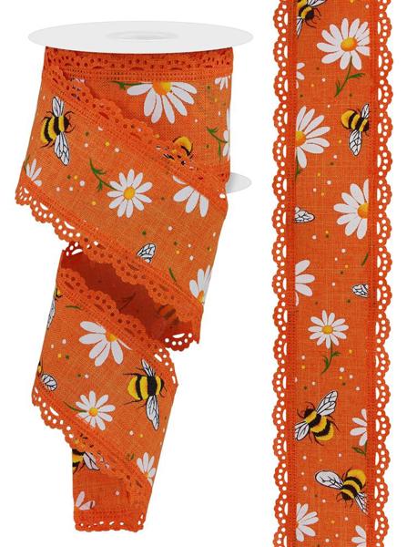 2.5 Inch By 10 Yard Orange Bumble Bee And Daisy Lace Ribbon