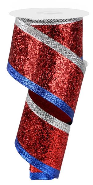 2.5 Inch By 10 Yard Red Silver Blue Metallic Ribbon