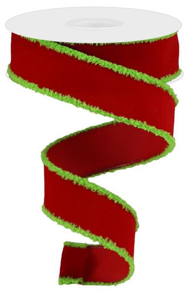 1.5 Inch By 10 Yard Red Velvet With Green Drift Edging Ribbon