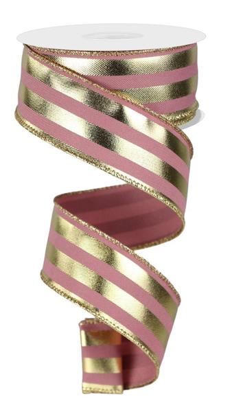 1.5 Inch By 10 Yard Dusty Rose And Gold Metallic Striped Ribbon