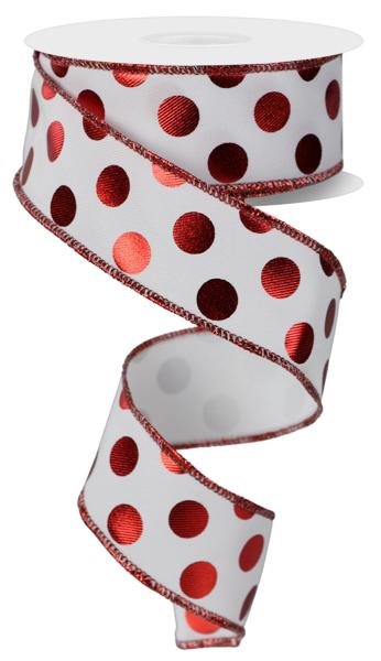 1.5 Inch By 10 Yard Red And White Metallic Polka Dots Ribbon