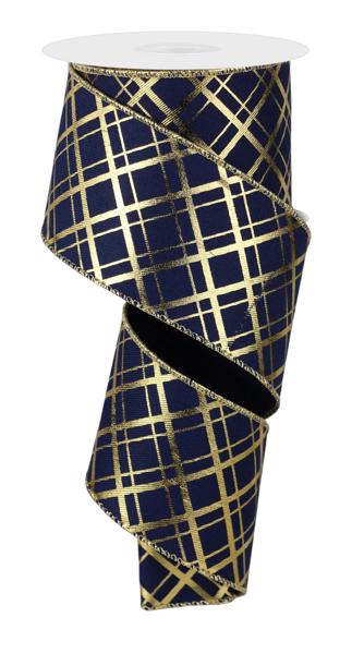 2.5 Inch By 10 Yard Navy Blue And Gold Diagonal Striped Ribbon