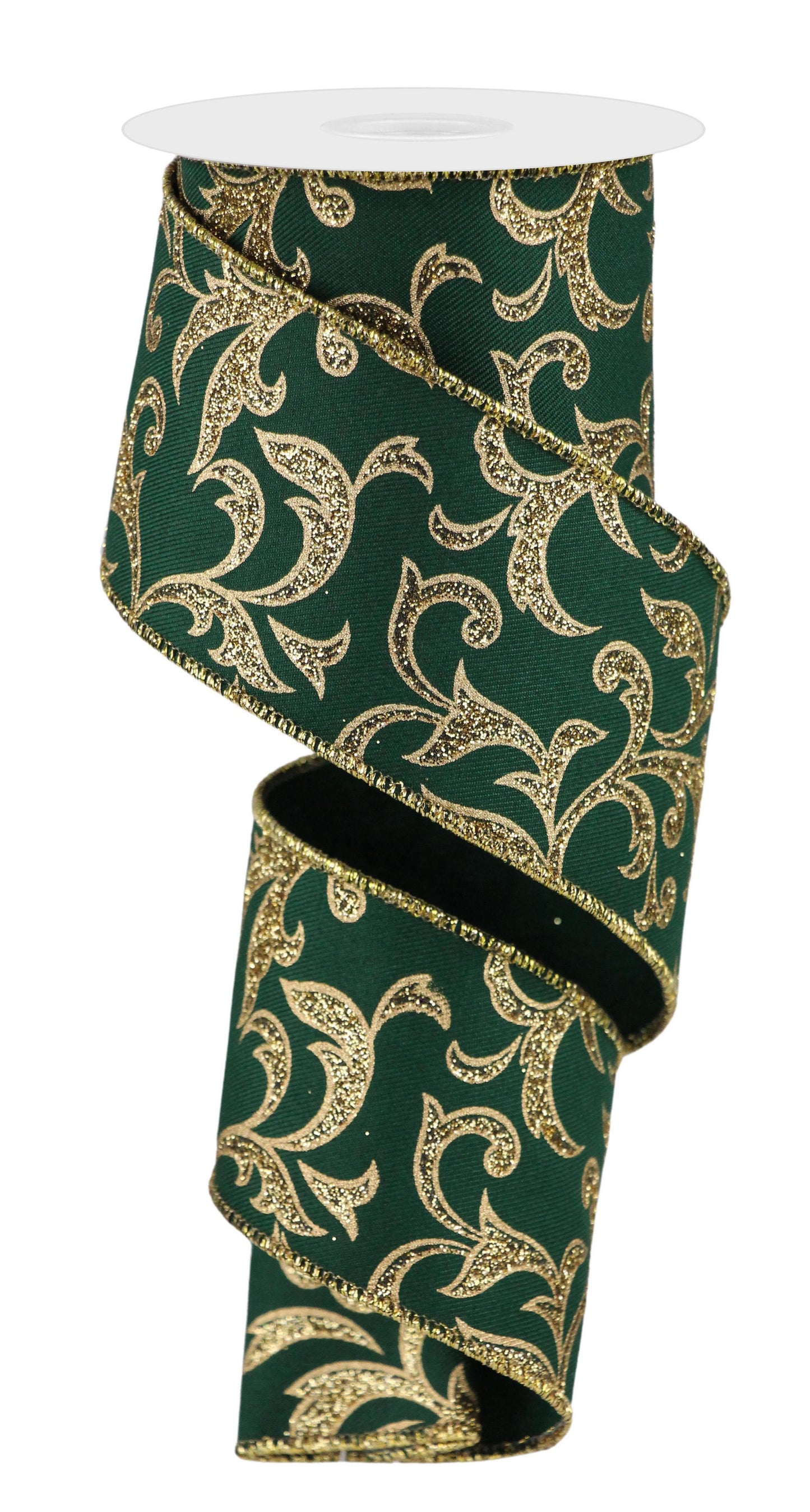 2.5 Inch By 10 Yard Hunter Green And Gold Acanthus Leaf Ribbon