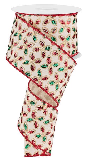 2.5 Inch By 10 Yard Red And Green Quatrefoil Petals Ribbon